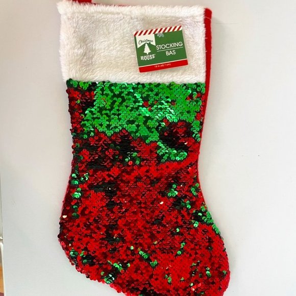 NWT Christmas House Red & Green Sequin Stocking White Trim, Felt Back - Picture 1 of 6